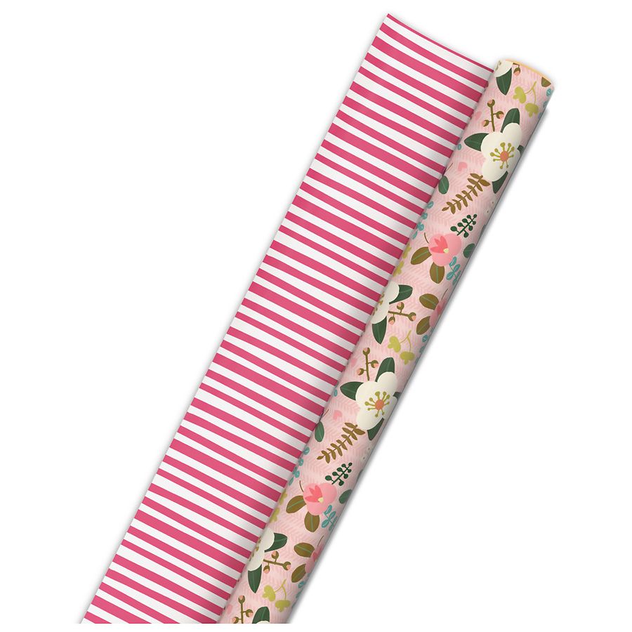 Hallmark Reversible Wrapping Paper, Pink With Flowers/Pink Stripe