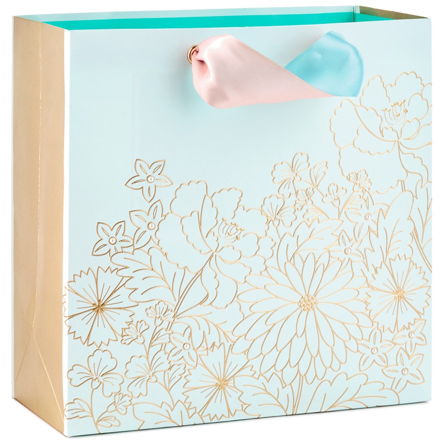 Hallmark Large Square Gift Bag, Illustrated Flowers on Aqua