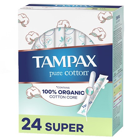 Tampax Pure Cotton Tampons  Contains 100% Organic Cotton Core  Super Absorbency  24 Ct  Unscented