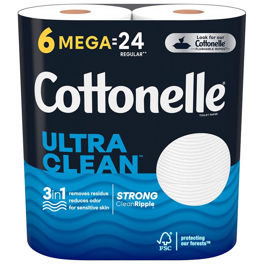 Cottonelle Ultra Clean Toilet Paper Strong Bath Tissue 6 Mega Rolls (6 Mega Rolls is 24 regular rolls)