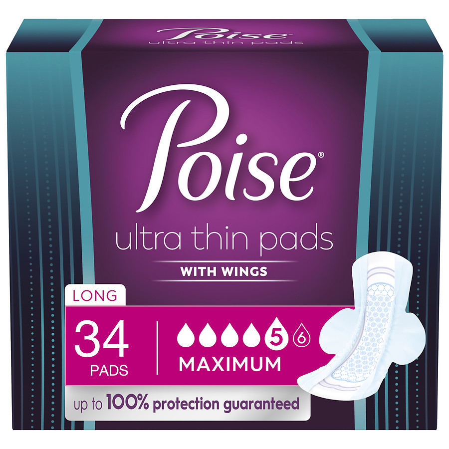 Poise Ultra Thin Incontinence Pads with Wings, Maximum Absorbency, Long